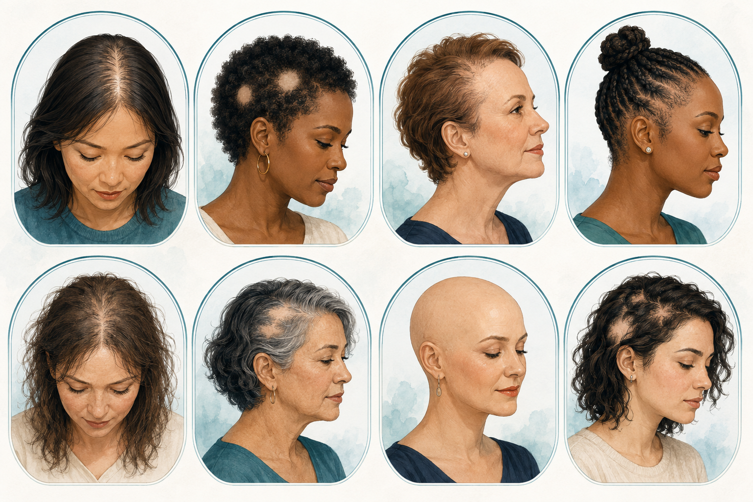 Editorial illustrations showing eight different scalp hair-loss patterns