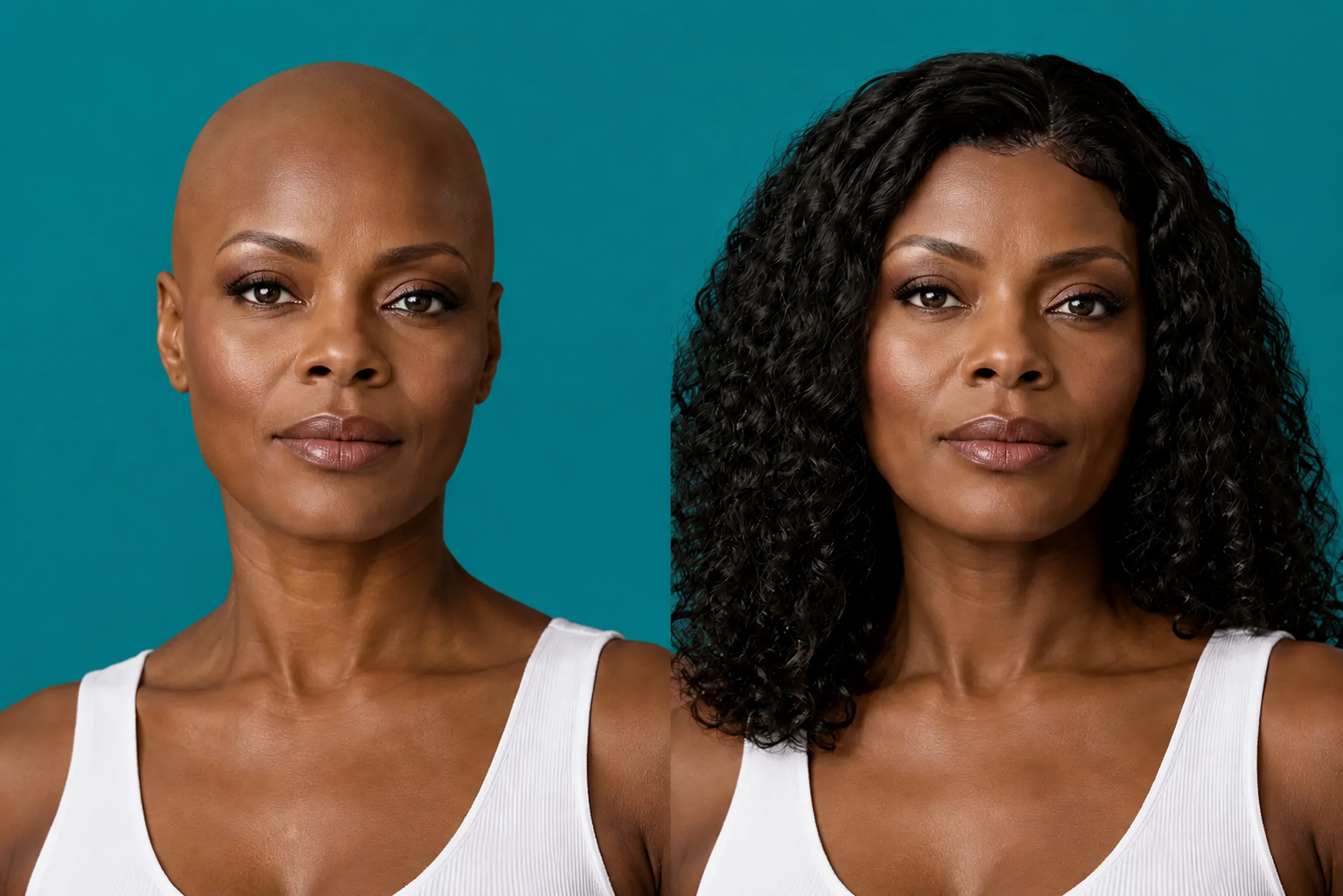 Illustrative before-and-after of the same mature Black woman with a bald scalp and a shoulder-length curly custom wig