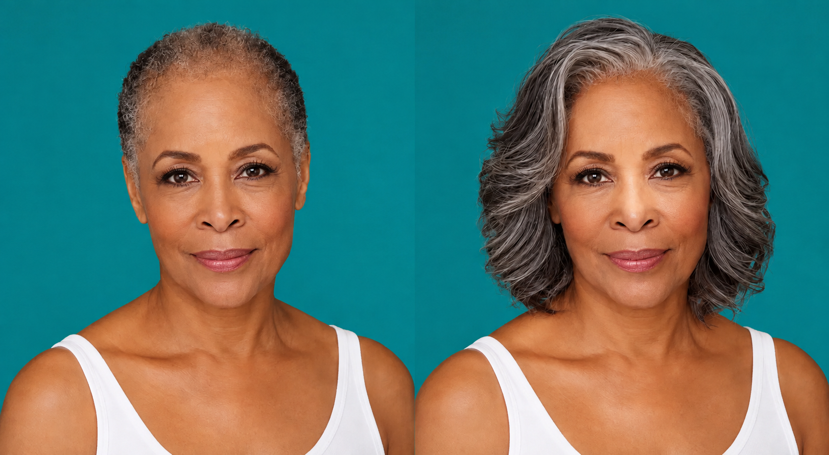 Illustrative before-and-after of the same mature Black woman with thinning gray hair and a full salt-and-pepper layered wig