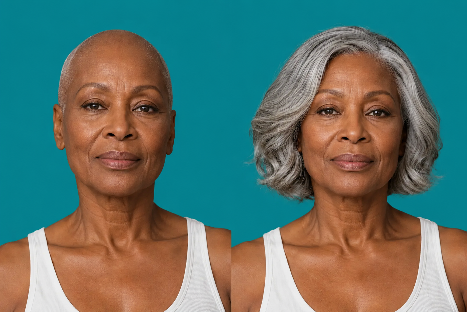 Illustrative before-and-after of the same older Black woman with a bald scalp and an elegant silver-gray bob wig
