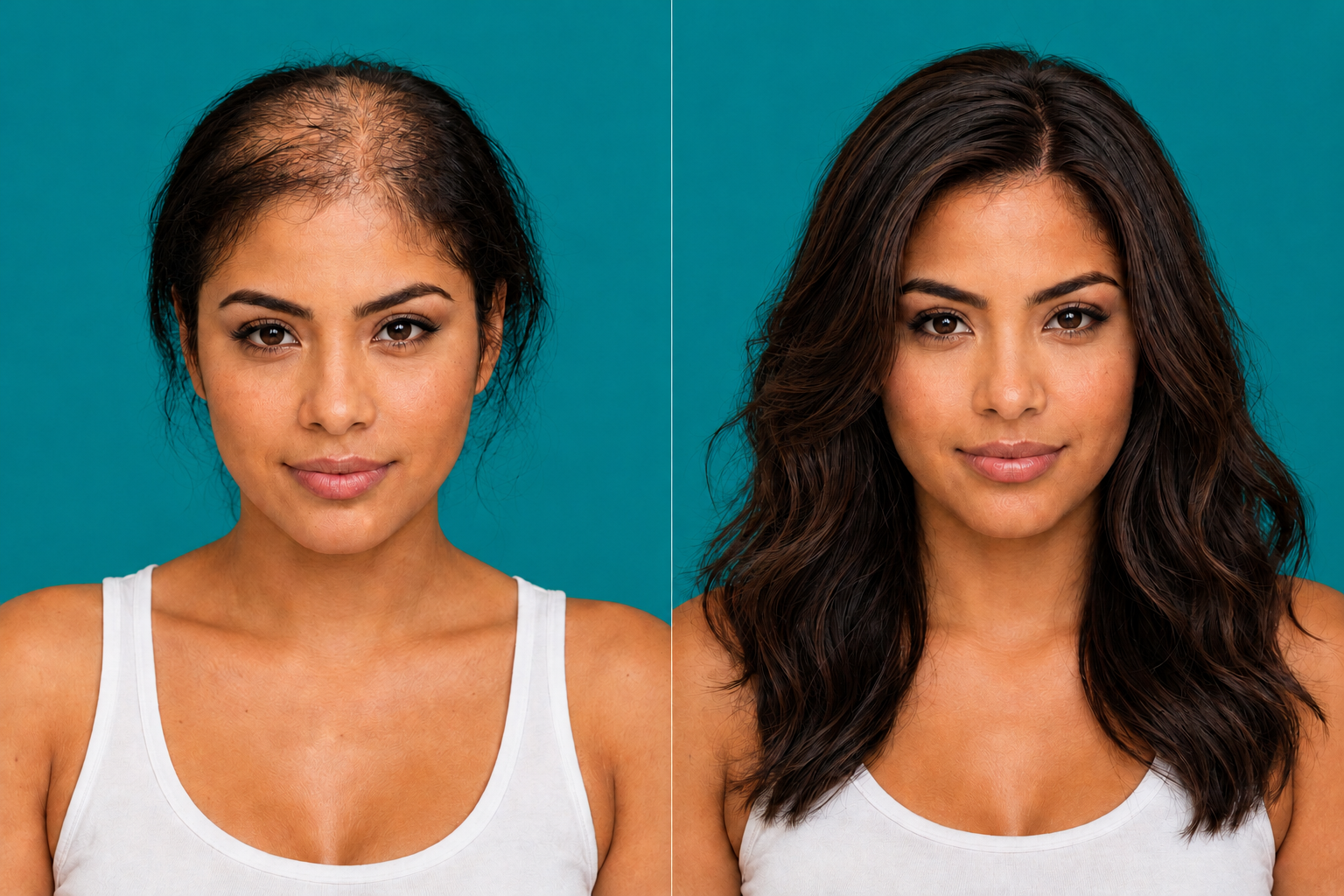 Illustrative before-and-after of the same fictional Latina woman with visible hair loss and a brunette loose-wave custom wig